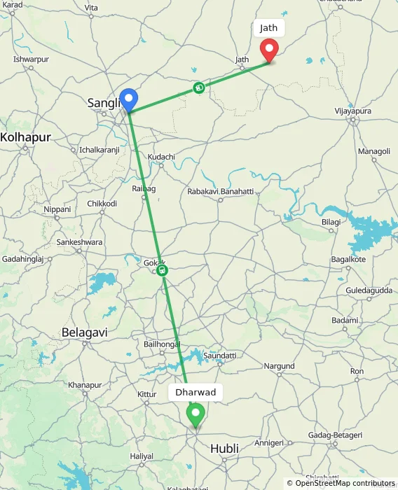 Route map showing distance and travel time from Dharwad, India to Jath, India