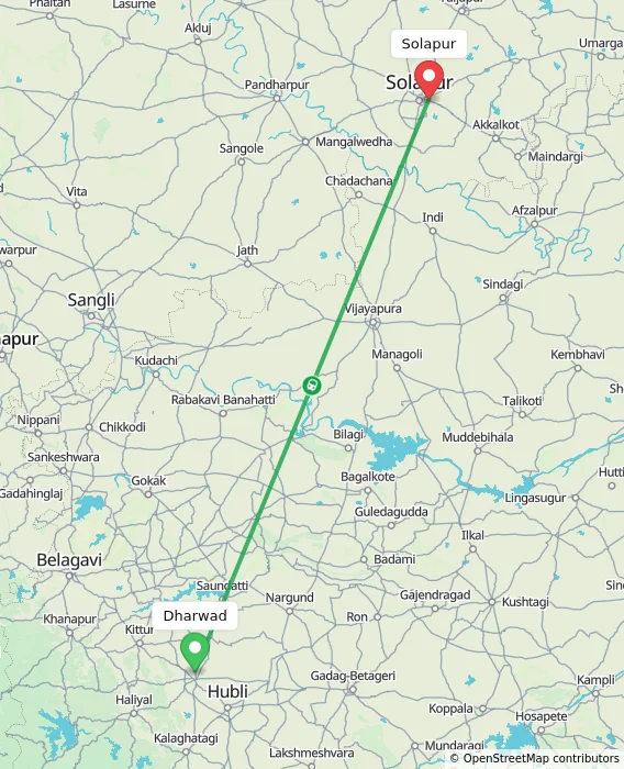 Route map showing distance and travel time from Dharwad, India to Solapur, India