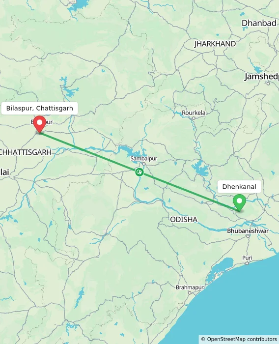 Route map showing distance and travel time from Dhenkanal, India to Bilaspur, Chattisgarh, India