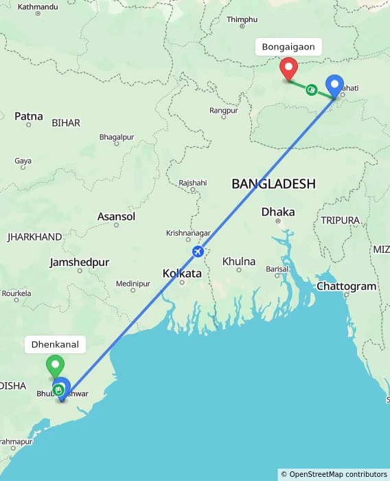 Route map showing distance and travel time from Dhenkanal, India to Bongaigaon, India