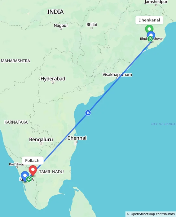 Route map showing distance and travel time from Dhenkanal, India to Pollachi, India