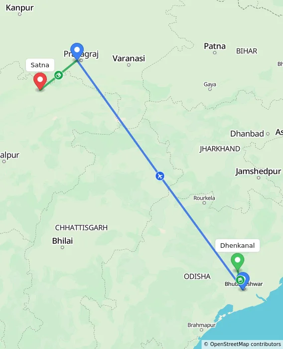 Route map showing distance and travel time from Dhenkanal, India to Satna, India