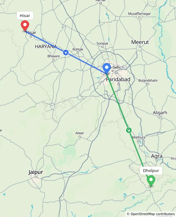 Route map showing distance and travel time from Dholpur, India to Hisar, India