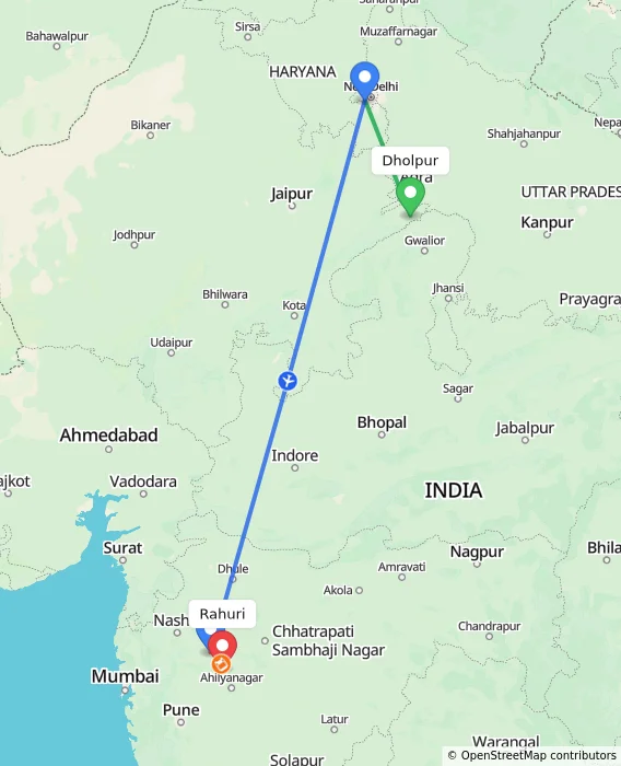 Route map showing distance and travel time from Dholpur, India to Rahuri, India