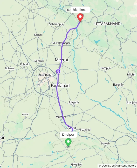 Route map showing distance and travel time from Dholpur, India to Rishikesh, India