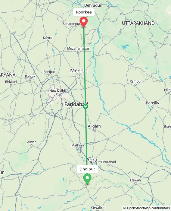 Route map showing distance and travel time from Dholpur, India to Roorkee, India