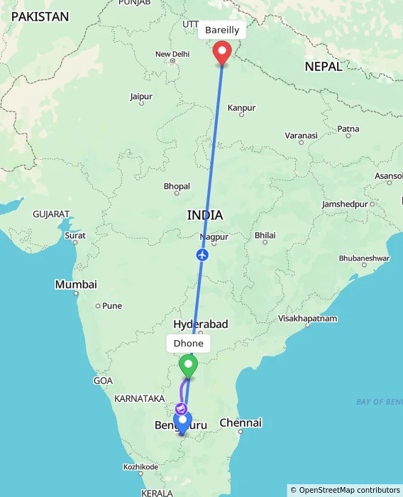 Route map showing distance and travel time from Dhone, India to Bareilly, India