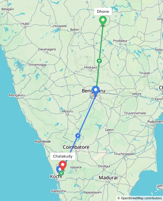 Route map showing distance and travel time from Dhone, India to Chalakudy, India
