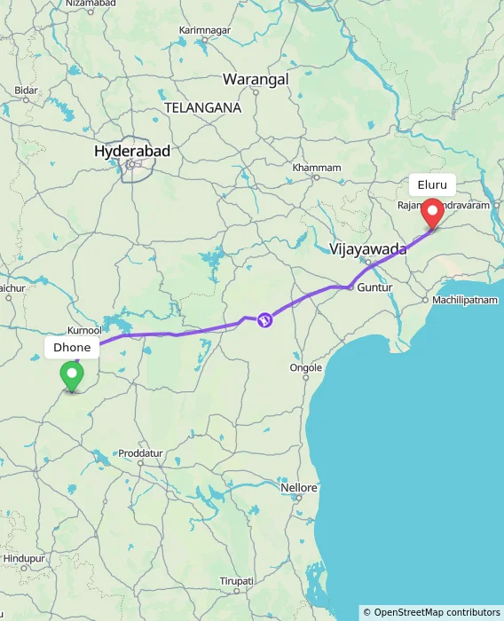 Route map showing distance and travel time from Dhone, India to Eluru, India