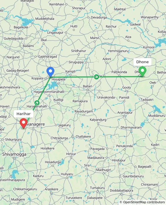 Route map showing distance and travel time from Dhone, India to Harihar, India