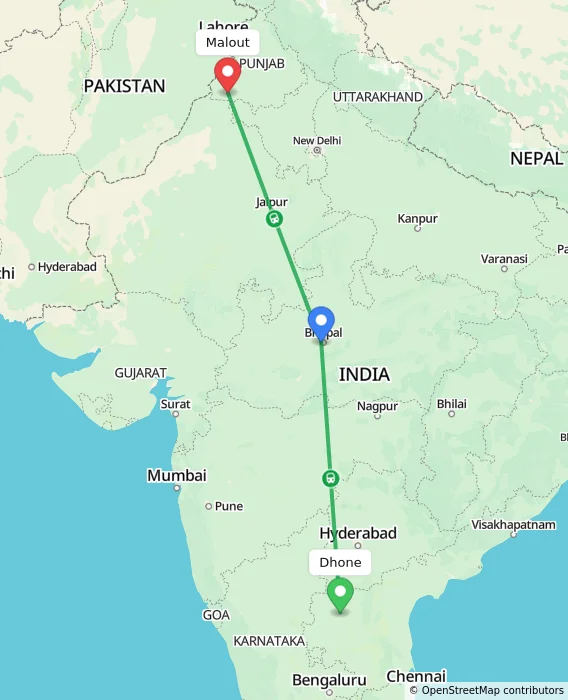 Route map showing distance and travel time from Dhone, India to Malout, India