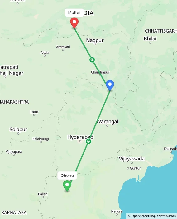 Route map showing distance and travel time from Dhone, India to Multai, India