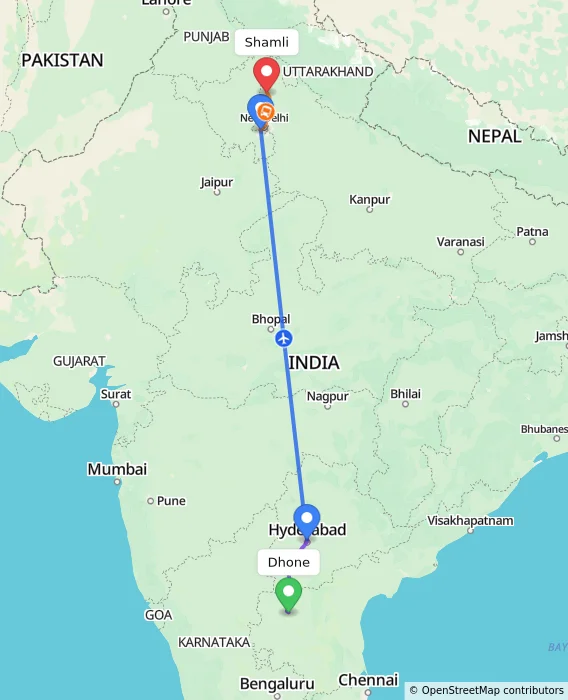 Route map showing distance and travel time from Dhone, India to Shamli, India