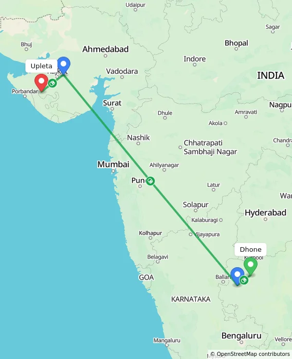 Route map showing distance and travel time from Dhone, India to Upleta, India