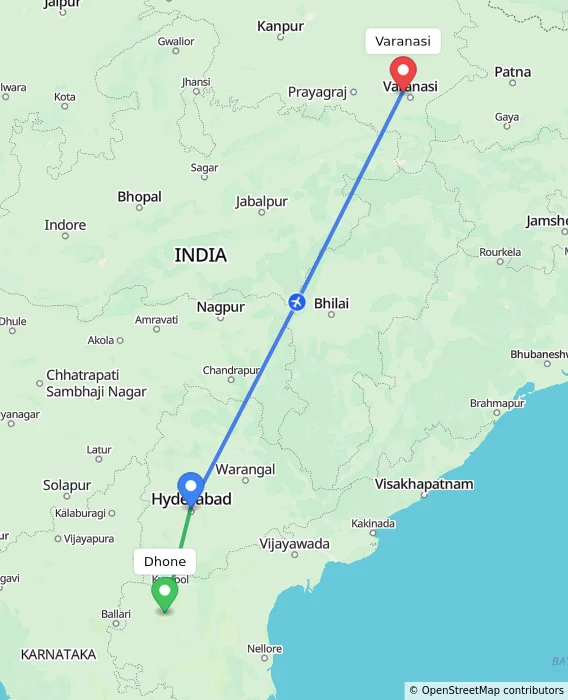 Route map showing distance and travel time from Dhone, India to Varanasi, India