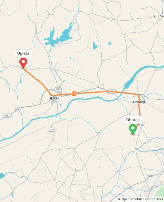 Route map showing distance and travel time from Dhoraji, India to Upleta, India