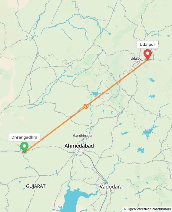 Route map showing distance and travel time from Dhrangadhra, India to Udaipur, India
