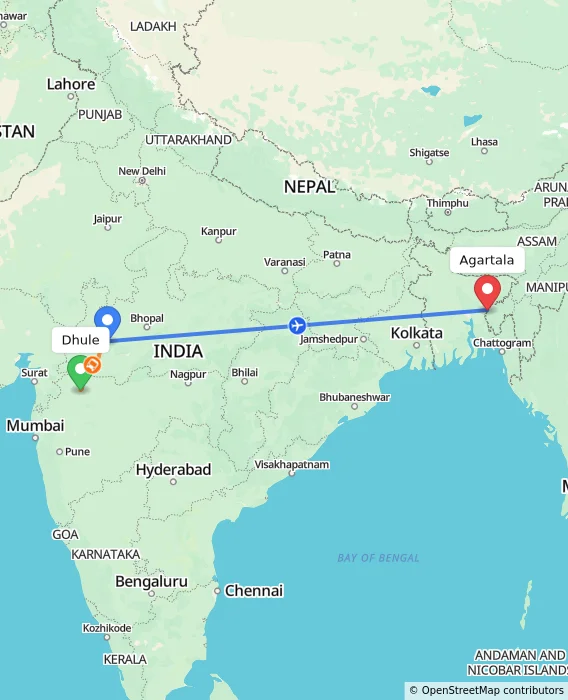 Route map showing distance and travel time from Dhule, India to Agartala, India