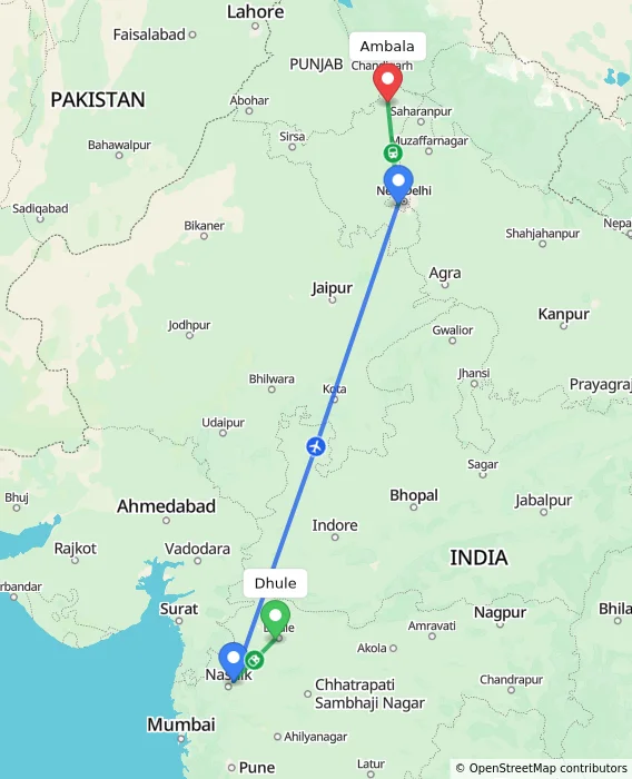 Route map showing distance and travel time from Dhule, India to Ambala, India