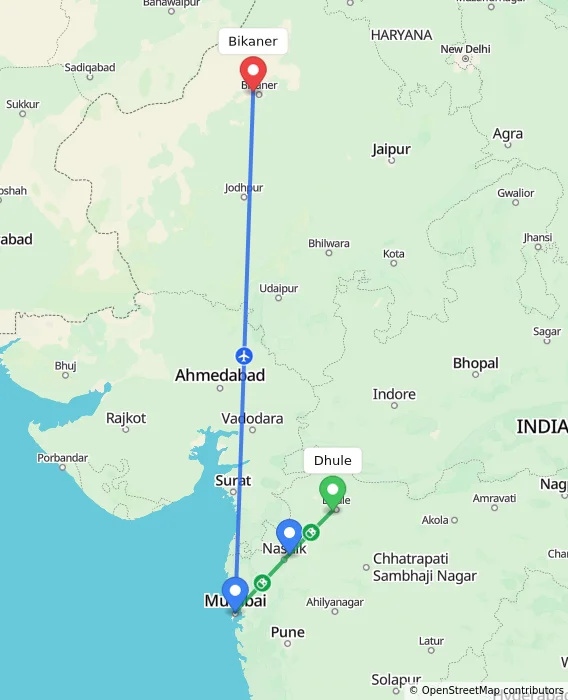 Route map showing distance and travel time from Dhule, India to Bikaner, India