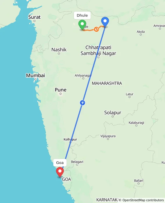 Route map showing distance and travel time from Dhule, India to Goa, India