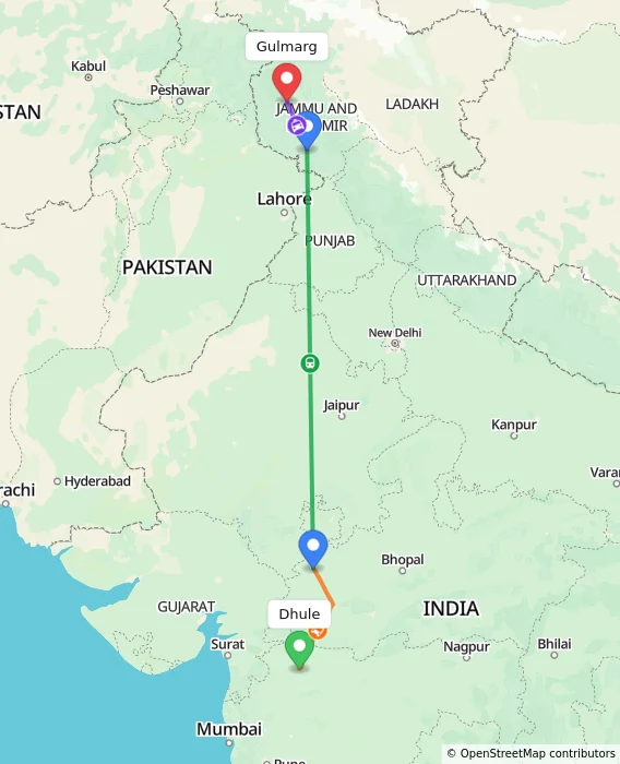 Route map showing distance and travel time from Dhule, India to Gulmarg, India