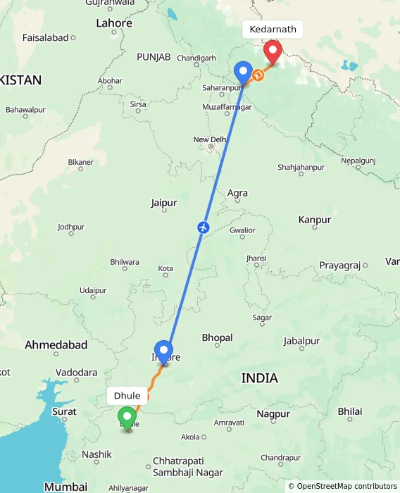 Route map showing distance and travel time from Dhule, India to Kedarnath, India