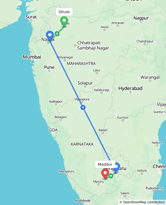 Route map showing distance and travel time from Dhule, India to Maddur, India