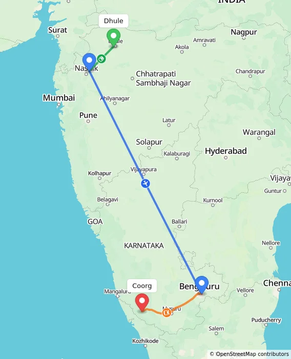 Route map showing distance and travel time from Dhule, India to Madikeri, India