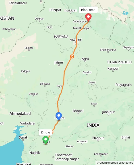 Route map showing distance and travel time from Dhule, India to Rishikesh, India