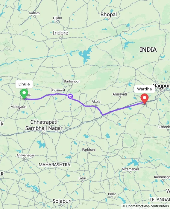 Route map showing distance and travel time from Dhule, India to Wardha, India