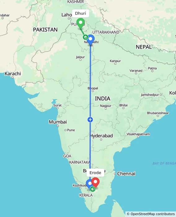 Route map showing distance and travel time from Dhuri, India to Erode, India