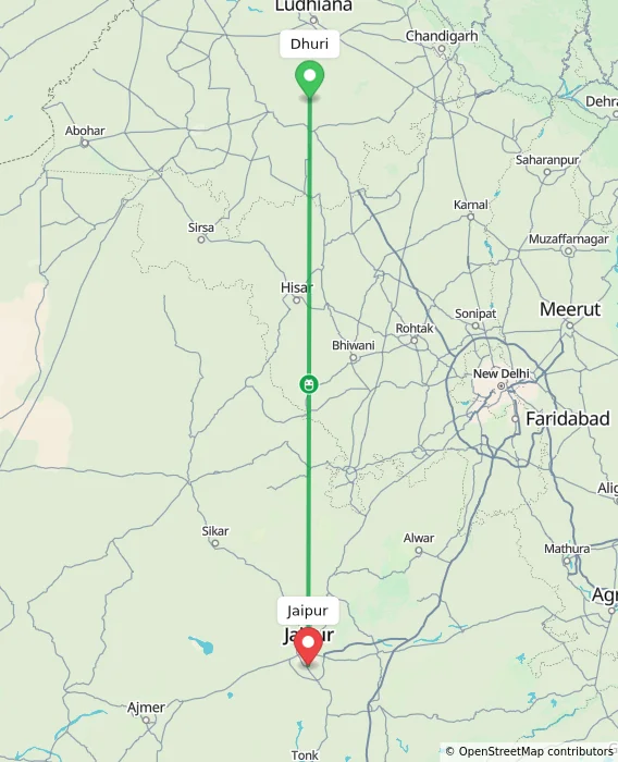 Route map showing distance and travel time from Dhuri, India to Jaipur, India
