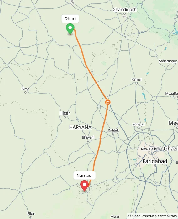 Route map showing distance and travel time from Dhuri, India to Narnaul, India