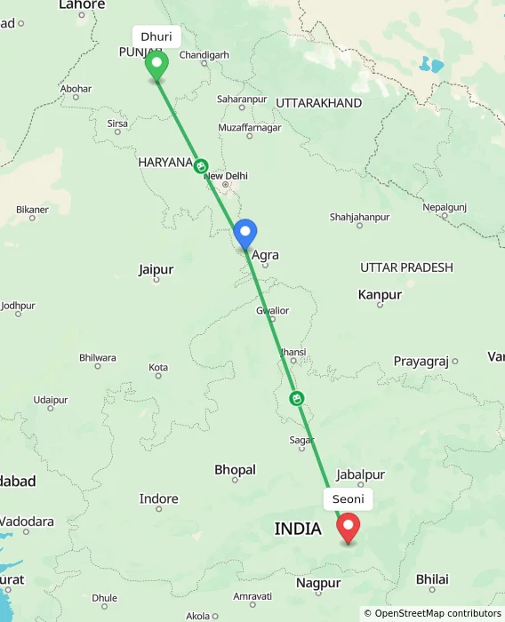 Route map showing distance and travel time from Dhuri, India to Seoni, India