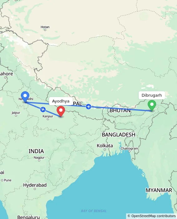 Route map showing distance and travel time from Dibrugarh, India to Ayodhya, India