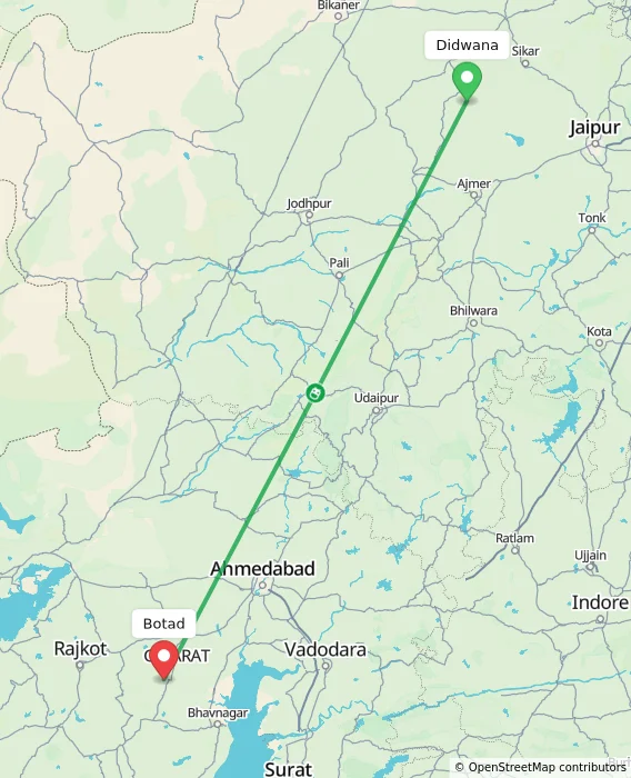 Route map showing distance and travel time from Didwana, India to Botad, India