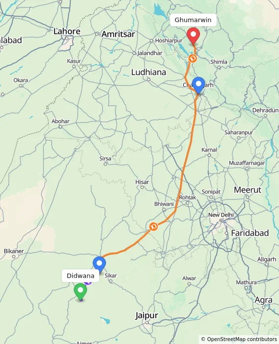 Route map showing distance and travel time from Didwana, India to Ghumarwin, India