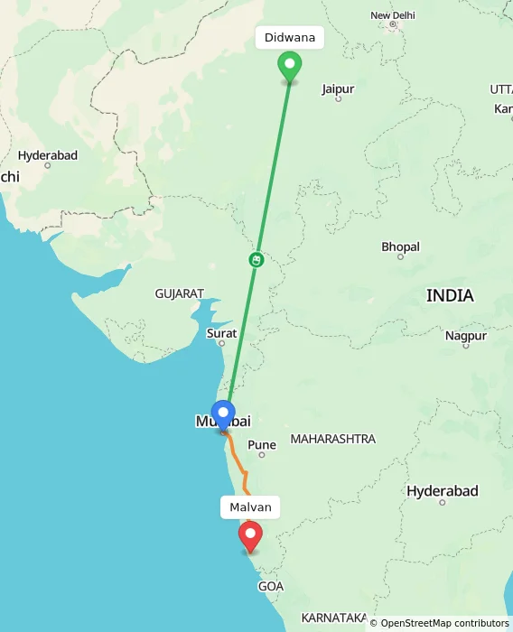 Route map showing distance and travel time from Didwana, India to Malvan, India