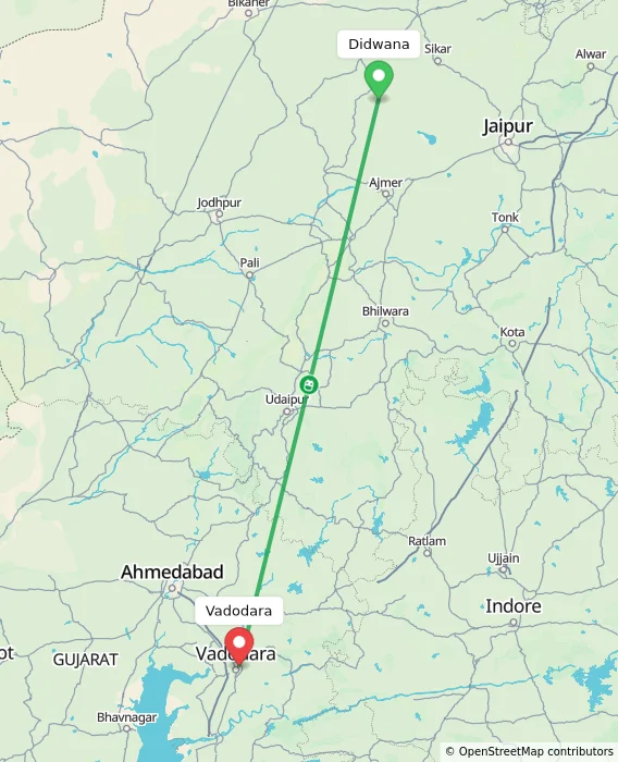 Route map showing distance and travel time from Didwana, India to Vadodara, India