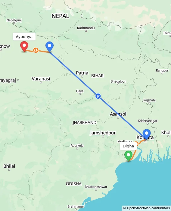 Route map showing distance and travel time from Digha, India to Ayodhya, India