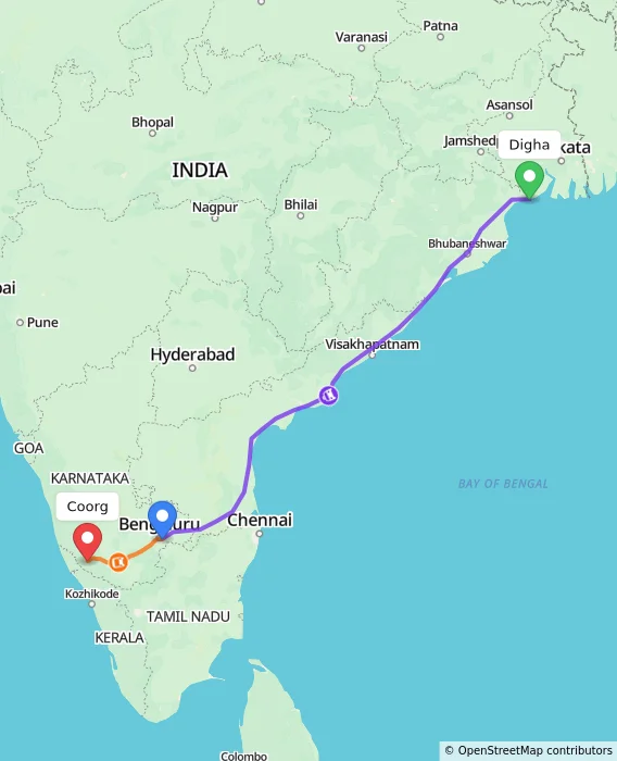 Route map showing distance and travel time from Digha, India to Coorg, India