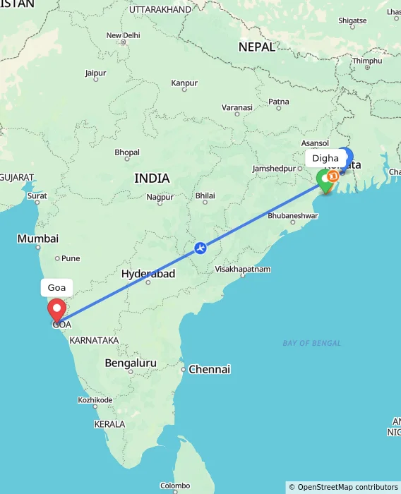 Route map showing distance and travel time from Digha, India to Goa, India