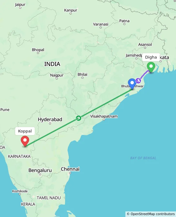 Route map showing distance and travel time from Digha, India to Koppal, India