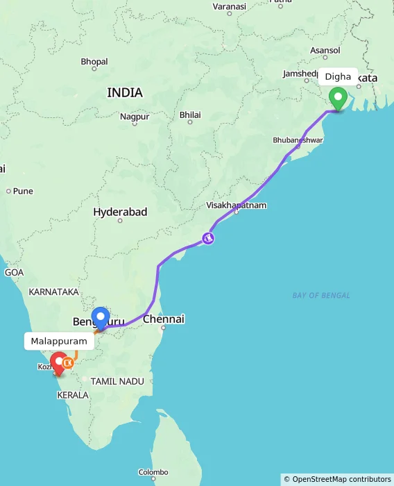 Route map showing distance and travel time from Digha, India to Malappuram, India