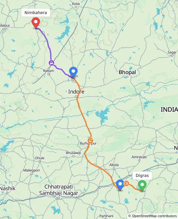 Route map showing distance and travel time from Digras, India to Nimbahera, India