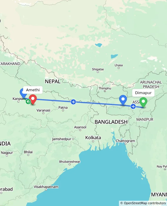Route map showing distance and travel time from Dimapur, India to Amethi, India