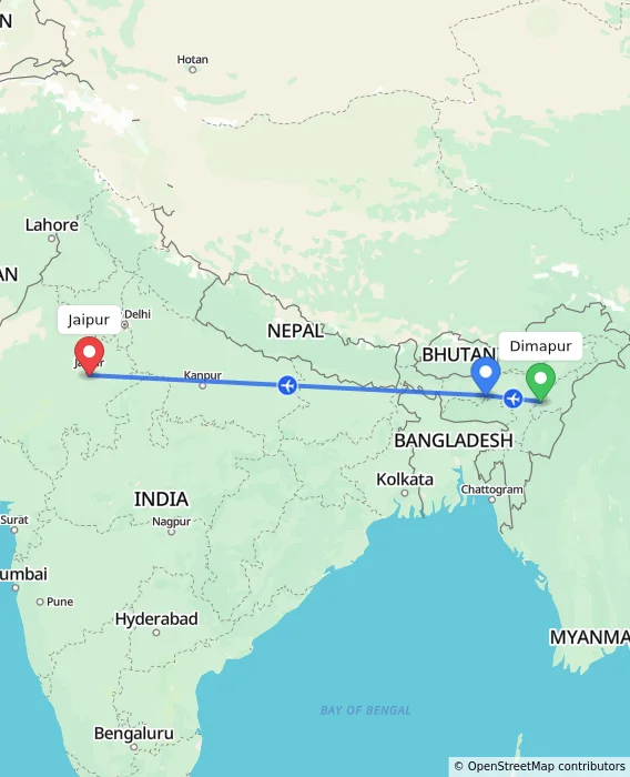 Route map showing distance and travel time from Dimapur, India to Jaipur, India