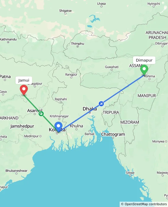 Route map showing distance and travel time from Dimapur, India to Jamui, India