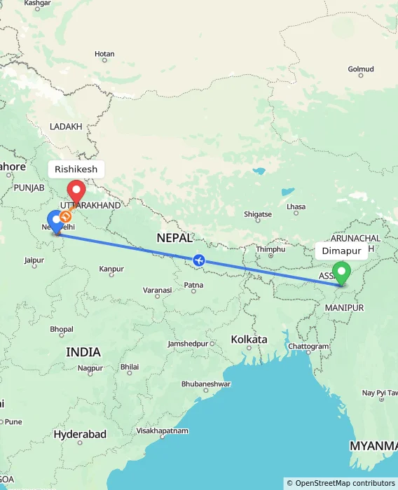 Route map showing distance and travel time from Dimapur, India to Rishikesh, India